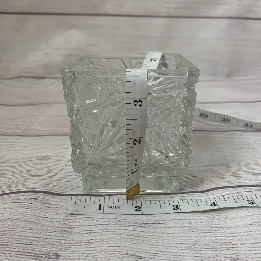 Vintage Avon Square Crystal Glass Candle Holder Diamond Cut Snowflake 3 3/4